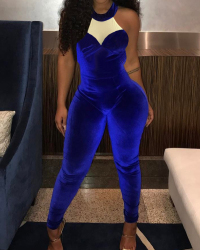 Charming Round Neck Gauze Splicing Blue Velvet One-piece Skinny Jumpsuits