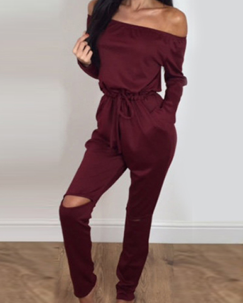 Contracted Style Bateau Neck Strapless Long Sleeves Broken Holes Wine Red Polyester One-piece Jumpsuits Contracted Style Bateau Neck Strapless Long Sleeves Broken Holes Wine Red Polyester One-piece Jumpsuits