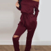 Contracted Style Bateau Neck Strapless Long Sleeves Broken Holes Wine Red Polyester One-piece Jumpsuits Contracted Style Bateau Neck Strapless Long Sleeves Broken Holes Wine Red Polyester One-piece Jumpsuits
