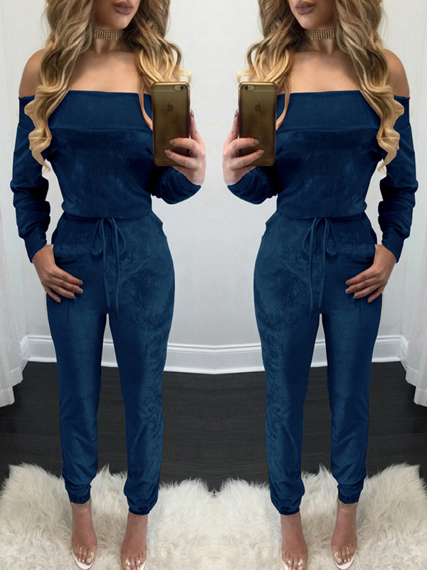 Euramerican Dew Shoulder Blue Velvet One-piece Jumpsuits