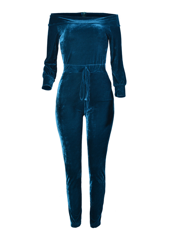 Euramerican Dew Shoulder Blue Velvet One-piece Jumpsuits