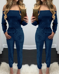 Euramerican Dew Shoulder Blue Velvet One-piece Jumpsuits