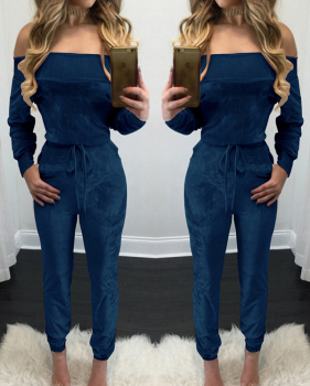 Euramerican Dew Shoulder Blue Velvet One-piece Jumpsuits