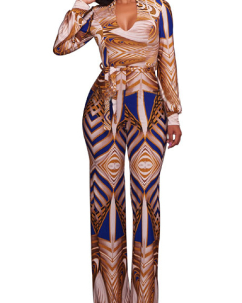 Euramerican Printed Yellow Milk Fiber One-piece Jumpsuits(Without Belt) Euramerican Printed Yellow Milk Fiber One-piece Jumpsuits(Without Belt)