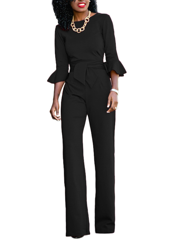 Euramerican Round Neck Half Sleeves Black Knitting One-piece Jumpsuits (Without Necklace)