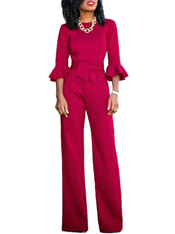 Euramerican Round Neck Half Sleeves Red Knitting One-piece Jumpsuits (Without Necklace)