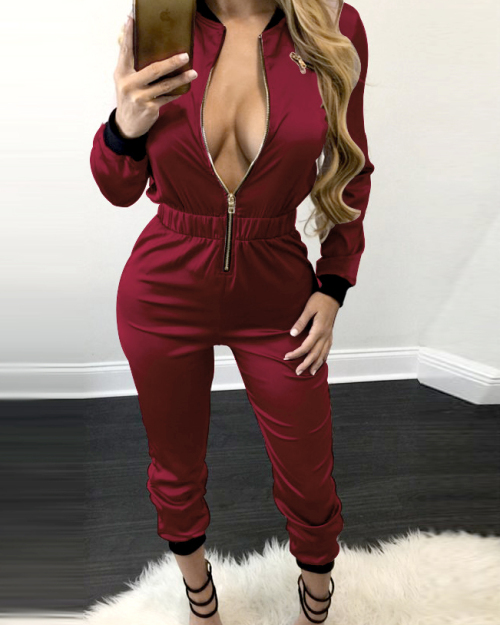 Euramerican Round Neck Long Sleeves Zipper Design Cotton One-piece Skinny Jumpsuits Euramerican Round Neck Long Sleeves Zipper Design Cotton One-piece Skinny Jumpsuits