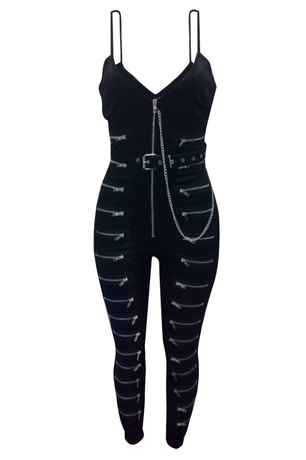 Euramerican Strapless Zipper Design Black Polyester One-piece Jumpsuits(Without Coat)