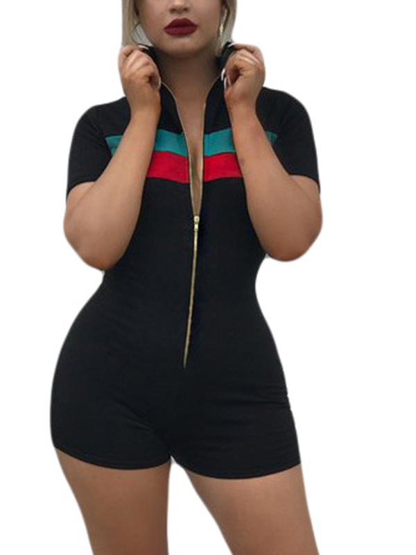 Euramerican Turtle Neck Zipper Design Black Polyester Jumpsuits