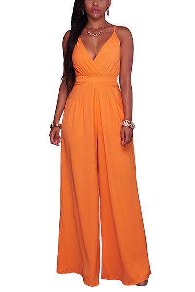 Euramerican V Neck Backless Orange Cotton Blends One-piece Jumpsuits(Without Belt)