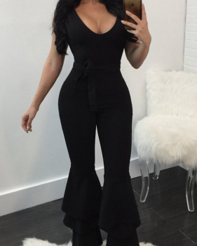 Euramerican V Neck Falbala Design Black Polyester One-piece Jumpsuits