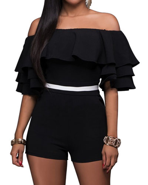 Fashion Dew Shoulder Falbala Design Black Knitting One-piece Skinny Jumpsuits Fashion Dew Shoulder Falbala Design Black Knitting One-piece Skinny Jumpsuits