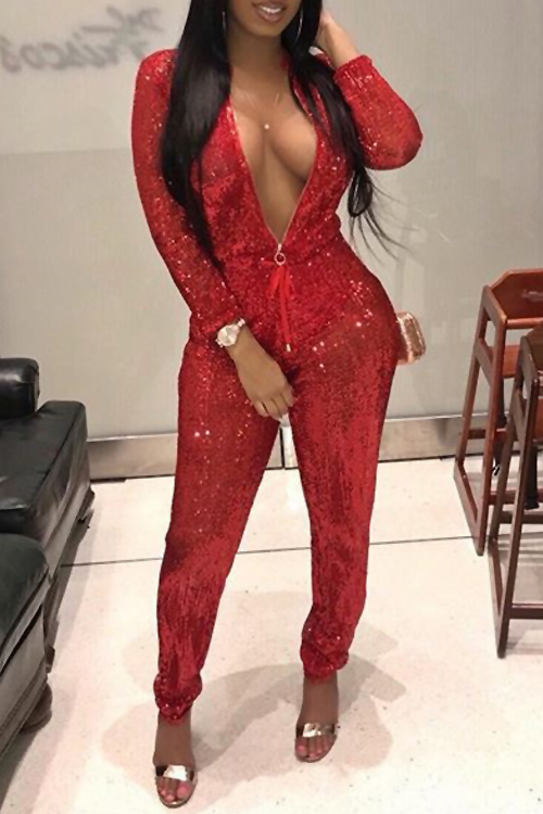 Fashion Mandarin Collar Sequins Decoration Red Polyester One-piece Jumpsuits