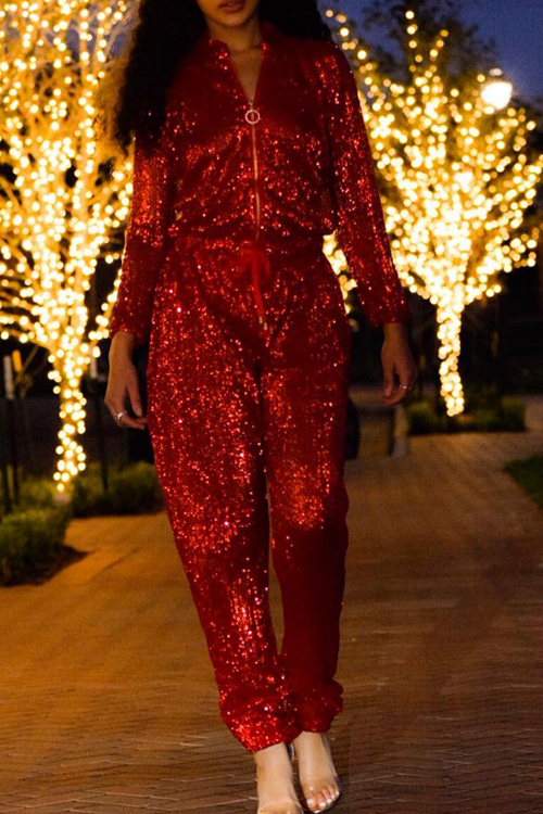 Fashion Mandarin Collar Sequins Decoration Red Polyester One-piece Jumpsuits