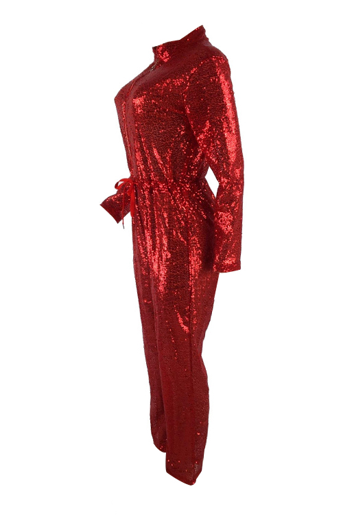 Fashion Mandarin Collar Sequins Decoration Red Polyester One-piece Jumpsuits