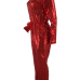 Fashion Mandarin Collar Sequins Decoration Red Polyester One-piece Jumpsuits