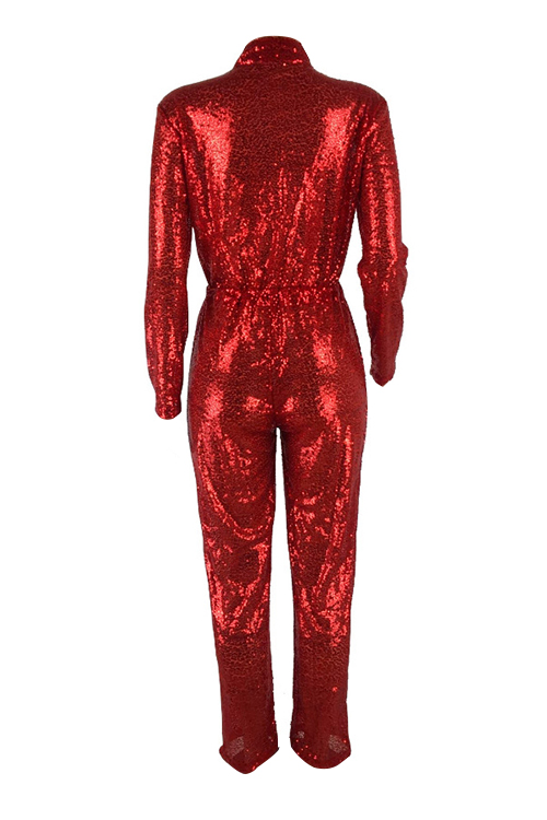 Fashion Mandarin Collar Sequins Decoration Red Polyester One-piece Jumpsuits