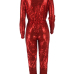 Fashion Mandarin Collar Sequins Decoration Red Polyester One-piece Jumpsuits