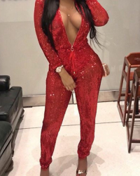 Fashion Mandarin Collar Sequins Decoration Red Polyester One-piece Jumpsuits