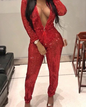 Fashion Mandarin Collar Sequins Decoration Red Polyester One-piece Jumpsuits Fashion Mandarin Collar Sequins Decoration Red Polyester One-piece Jumpsuits
