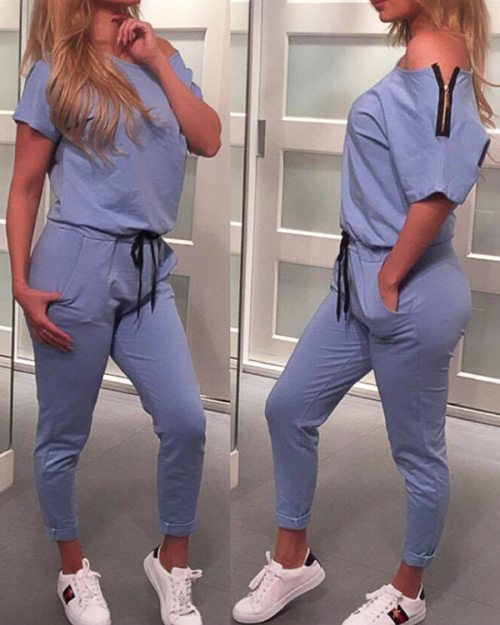 Leisure Dew Shoulder Blue Cotton Blends One-piece Jumpsuits Leisure Dew Shoulder Blue Cotton Blends One-piece Jumpsuits
