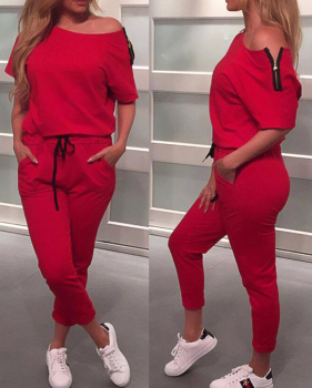 Leisure Dew Shoulder Red Cotton Blends One-piece Jumpsuits