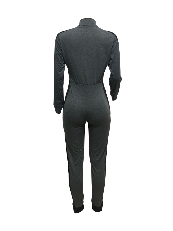 Leisure High Collar Zipper Design Cotton Blends One-piece Jumpsuits