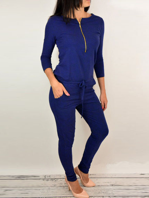 Leisure Round Neck Zipper Design Blue Cotton Blends One-piece Jumpsuits