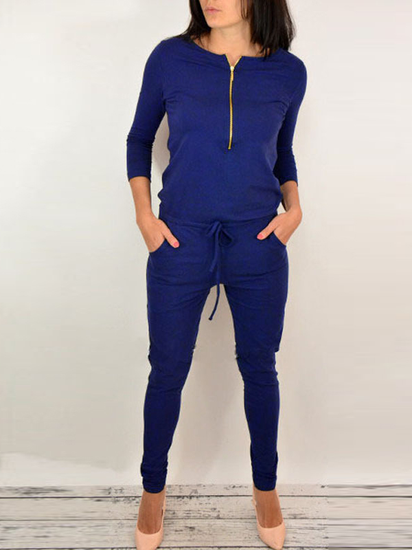 Leisure Round Neck Zipper Design Blue Cotton Blends One-piece Jumpsuits