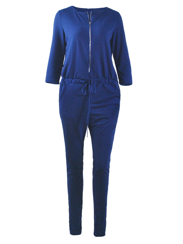 Leisure Round Neck Zipper Design Blue Cotton Blends One-piece Jumpsuits