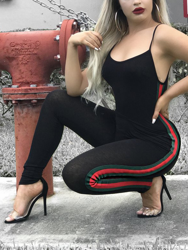 Leisure V Neck Patchwork Black Cotton Blends One-piece Skinny Jumpsuits