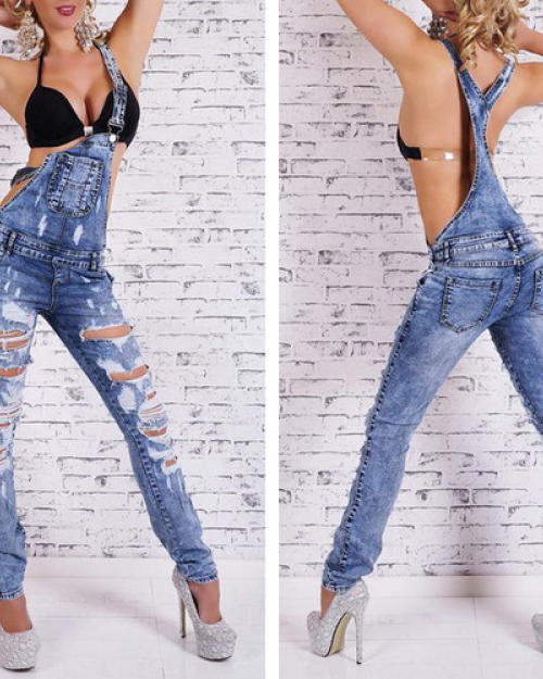 Sexy Broken Holes Design Blue Denim Regular Jumpsuit Sexy Broken Holes Design Blue Denim Regular Jumpsuit