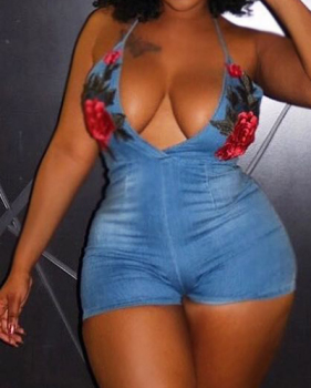Sexy Deep V Neck Embroidered Design Blue Denim One-piece Skinny Jumpsuits