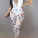 Sexy Deep V Neck Printed Hollow-out White Milk Fiber One-piece Skinny Jumpsuits Sexy Deep V Neck Printed Hollow-out White Milk Fiber One-piece Skinny Jumpsuits