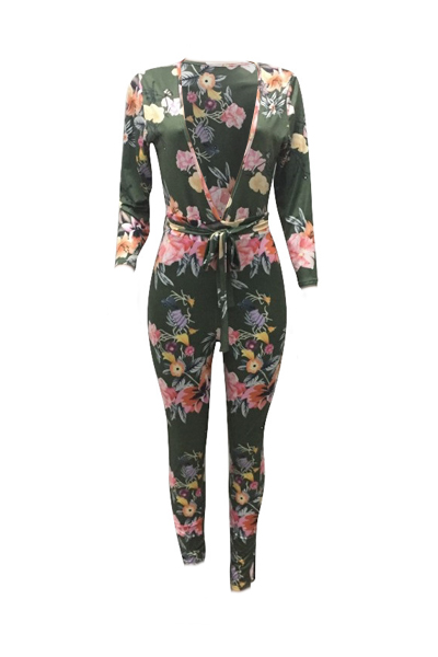 Sexy Deep V Neck Printed Knitting One-piece Skinny Jumpsuits(Without Belt)