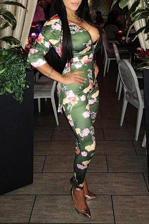 Sexy Deep V Neck Printed Knitting One-piece Skinny Jumpsuits(Without Belt)