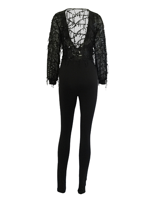 Sexy Deep V Neck Sequined Decorative Black Polyester One-piece Jumpsuits