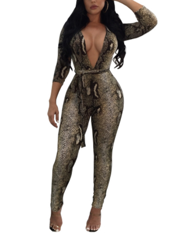 Sexy Deep V Neck Snakeskin Printing Polyester One-piece Jumpsuits