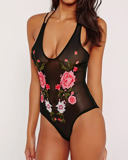 Sexy Embroidery See-Through Black Acrylic One-piece Skinny Jumpsuits Sexy Embroidery See-Through Black Acrylic One-piece Skinny Jumpsuits