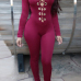 Sexy Long Sleeves Front Lace-up Hollow-out Wine Red Polyester One-piece Skinny Jumpsuit Sexy Long Sleeves Front Lace-up Hollow-out Wine Red Polyester One-piece Skinny Jumpsuit