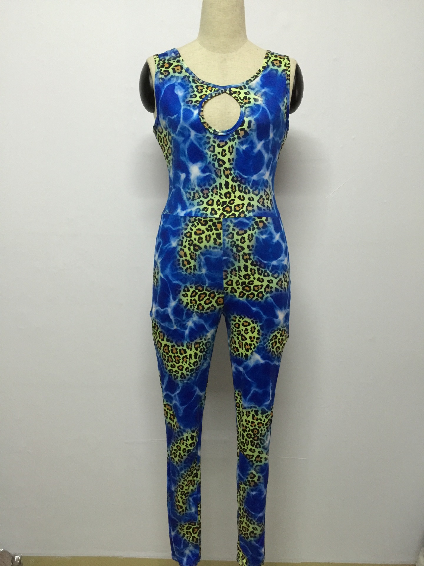 Sexy O Neck Sleeveless Backless Leopard Print Blue Polyester One-piece Skinny Jumpsuit