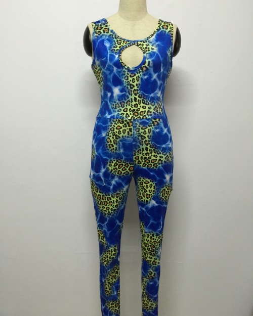 Sexy O Neck Sleeveless Backless Leopard Print Blue Polyester One-piece Skinny Jumpsuit Sexy O Neck Sleeveless Backless Leopard Print Blue Polyester One-piece Skinny Jumpsuit