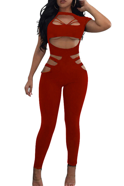 Sexy Round Neck Hollow-out Red Twilled One-piece Jumpsuits