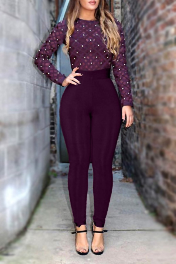 Sexy Round Neck Long Sleeves Gauze Patchwork +Pearl Decoration Purple Healthy Fabric One-piece Skinny Jumpsuits