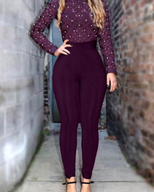 Sexy Round Neck Long Sleeves Gauze Patchwork +Pearl Decoration Purple Healthy Fabric One-piece Skinny Jumpsuits Sexy Round Neck Long Sleeves Gauze Patchwork +Pearl Decoration Purple Healthy Fabric One-piece Skinny Jumpsuits