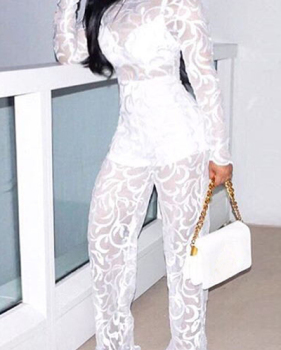 Sexy Round Neck Long Sleeves See-Through White Lace One-piece Jumpsuits (Include Shorts)