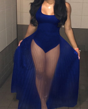 Sexy Round Neck See-Through Royalblue Cotton One-piece Jumpsuits