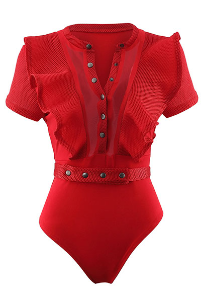 Sexy Round Neck Short Sleeves See-Through Red Polyester One-piece Skinny Jumpsuits