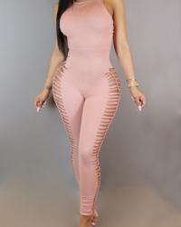 Sexy Round Neck Side Hollow-out Pink Blending One-piece Jumpsuits(Without Necklace)