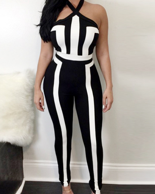 Sexy Round Neck Sleeveless Patchwork Black Twilled One-piece Skinny Jumpsuits Sexy Round Neck Sleeveless Patchwork Black Twilled One-piece Skinny Jumpsuits